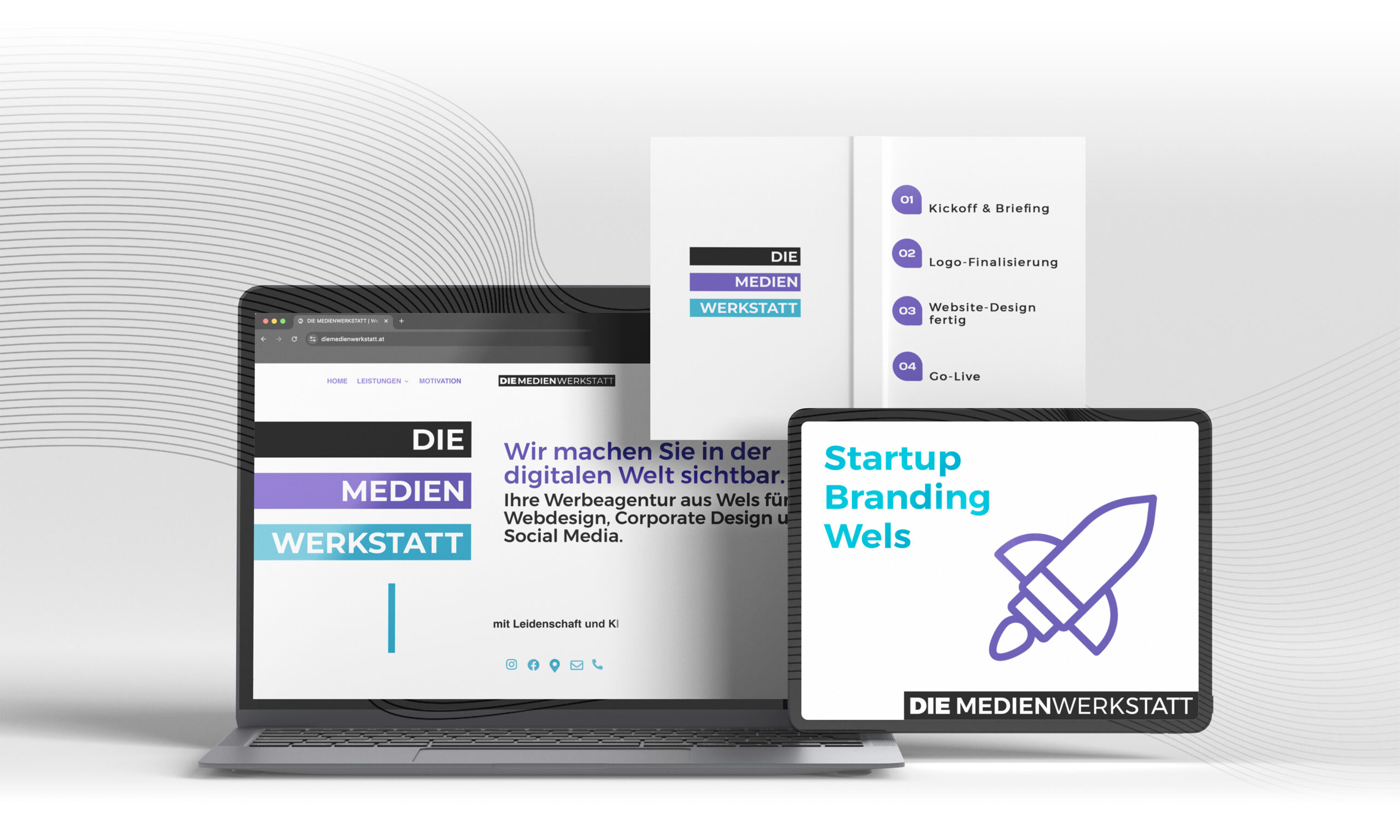 Tablet Mockup mit Die Medienwerkstatt Logo – Webdesign Wels