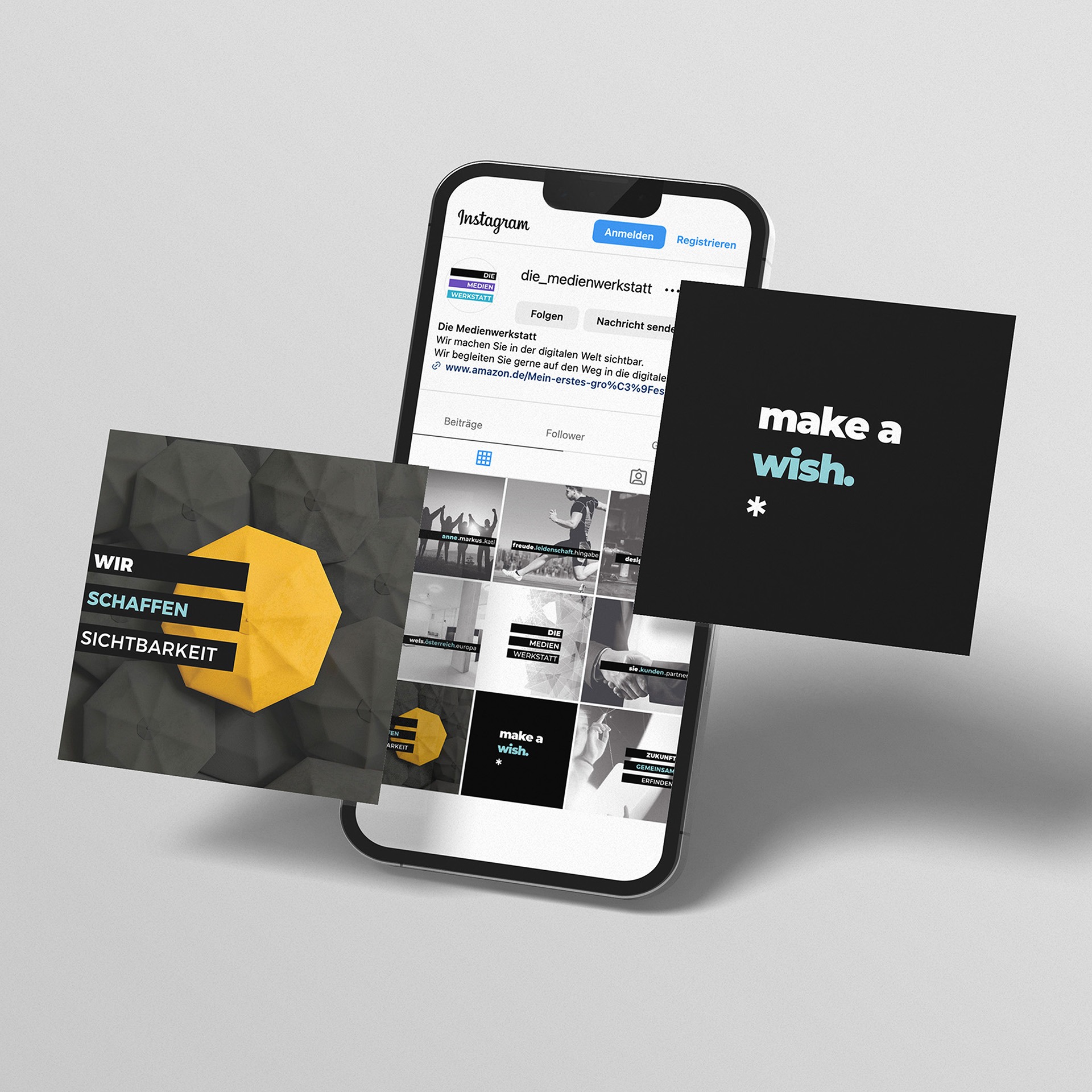 Smartphone mit Instagram-Feed der Die Medienwerkstatt – Social Media Design Wels