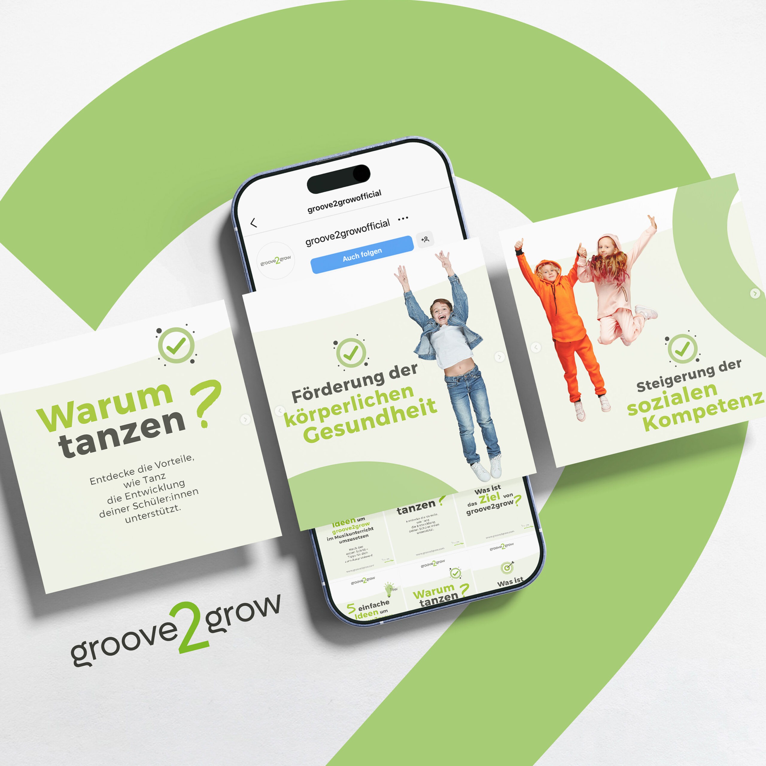 Smartphone mit Instagram-Feed und drei Karussell-Slides – Social Media Design Wels