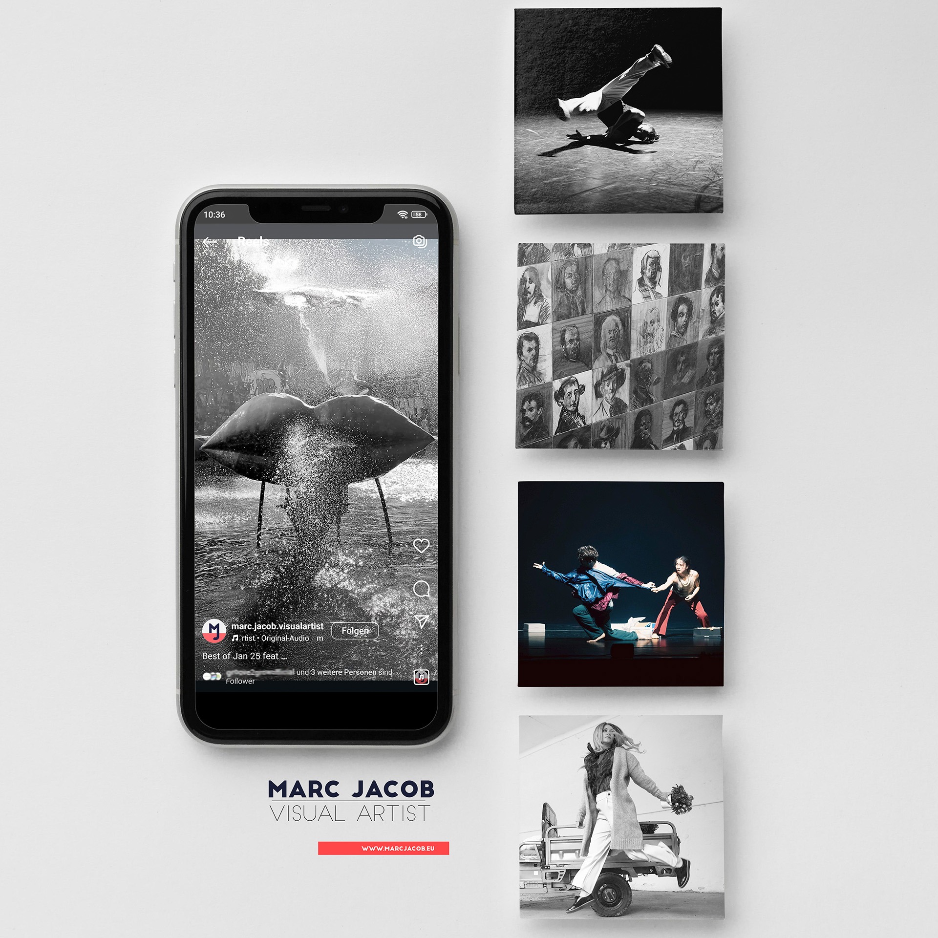Smartphone mit einem Instagram-Post und vier weiteren Post-Auschnitten – Social Media Design Wels