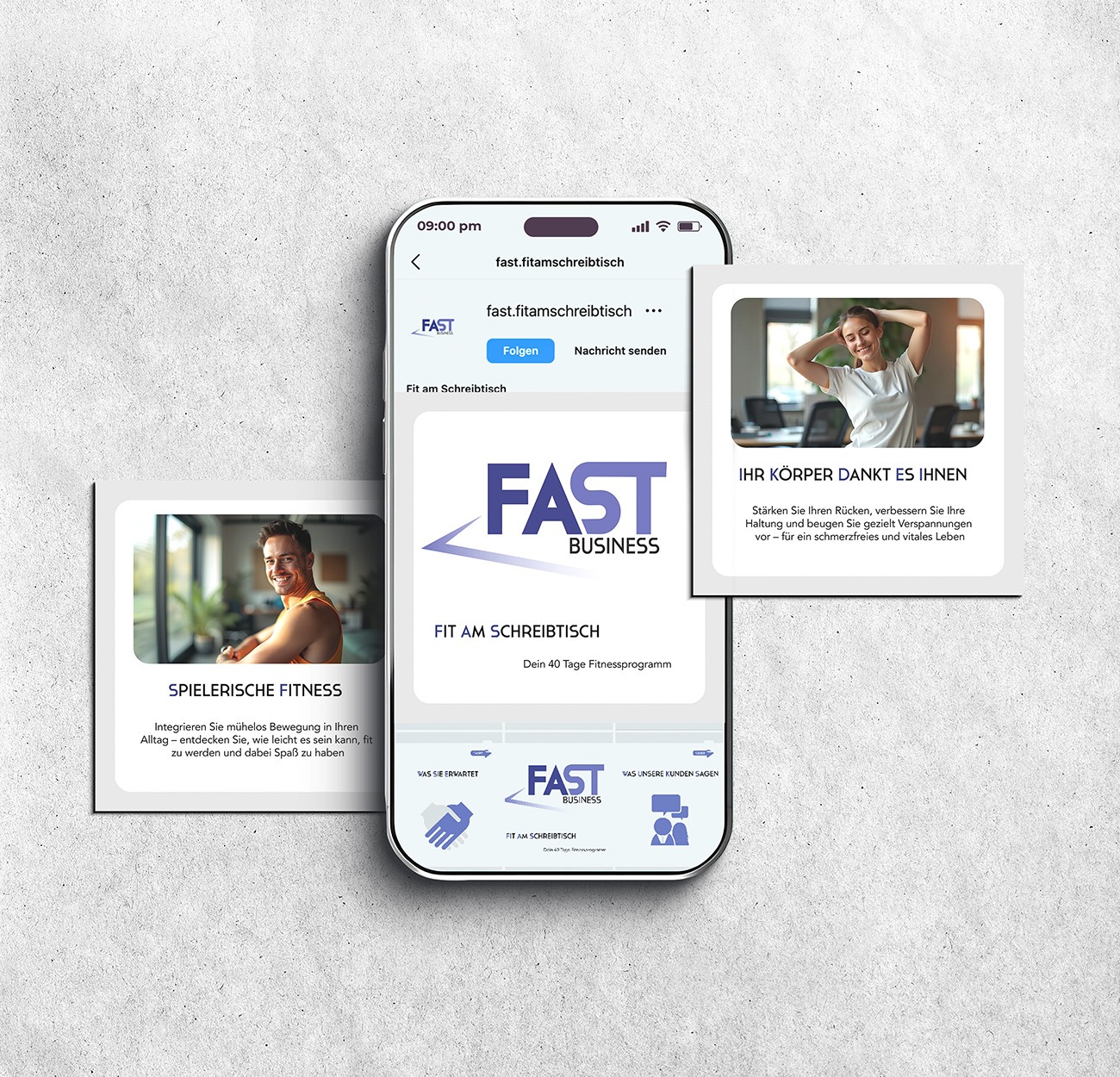 Smartphone mit Instagram-Feed eines Kunden – Social Media Design Wels