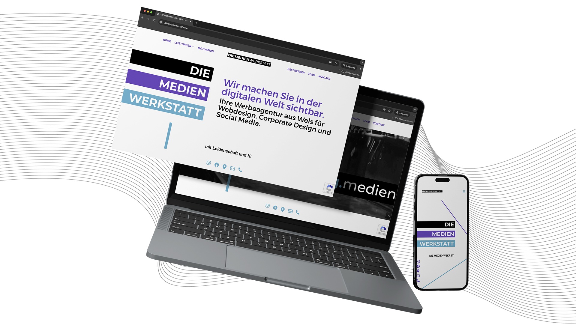 Responsive Website Mockup – Die Medienwerkstatt Website Mockup auf Laptop Tablet Smartphone – Werbeagentur Wels